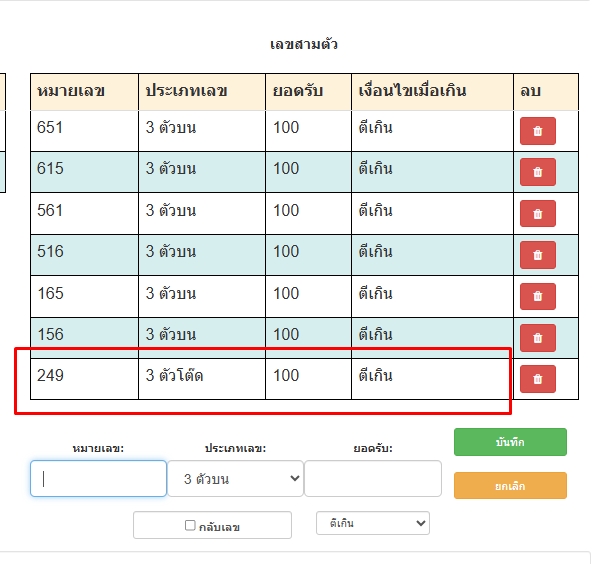 ระบบจะแสดงการตั้งยอดรับเลข3ตัวโต๊ดโดยเรียงตามลำดับเลข-โปรแกรมหวย mahalotto