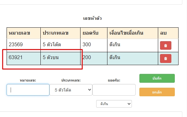 เลข5ตัวบนที่ตั้งยอดรับจะแสดงในตารางตั้งยอดรับเฉพาะเลข5ตัว-โปรแกรมหวย mahalotto