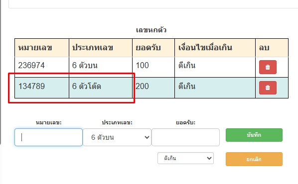 ระบบจะแสดงการตั้งยอดรับเลข6ตัวโต๊ดโดยเรียงตามลำดับเลข-โปรแกรมหวย mahalotto